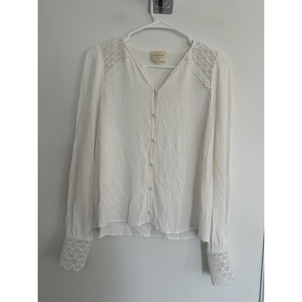 EUC Sézane Clém Sz38 White Long Sleeve Ecru Shirt Lace Details Textured Business